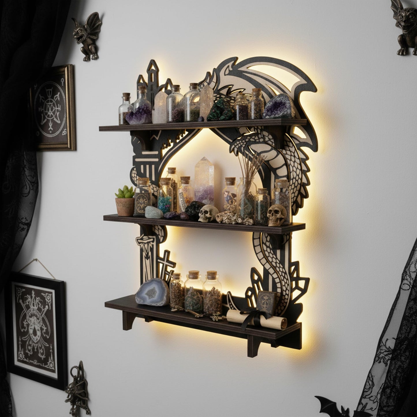 FNYDOX Wooden Dragon Shelf, Gothic Trinket & Knick Knack Shelves, Witchy Fantasy Dragon Decor with LED Light, Floating Shelf for Crystals Rocks Gems Healing Stones Display, Essential Oil Wall Shelf