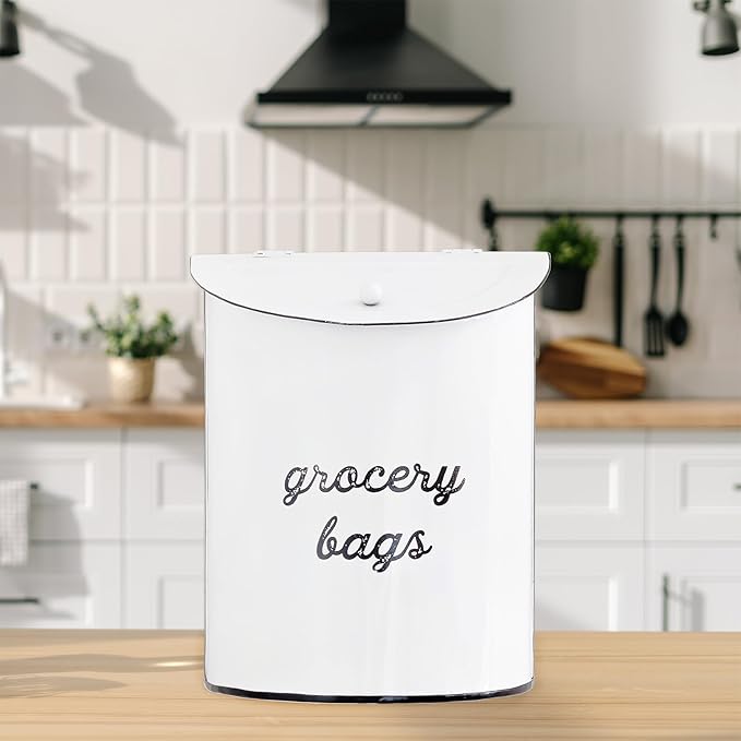 AuldHome Design Rustic Grocery Bag Holder; Wall-Mounted Vintage Enamelware