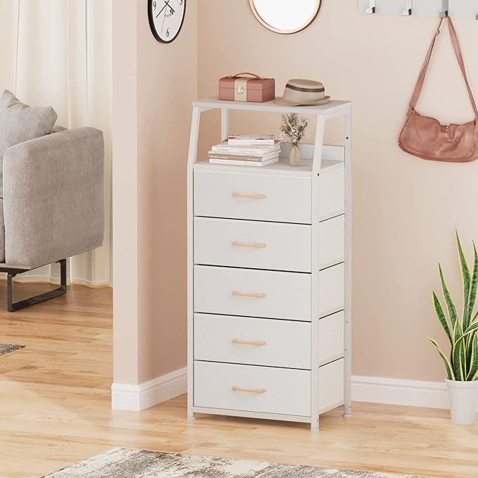 Furnulem White Dresser with 5 Drawers, Vertical Storage Tower Fabric Dresser