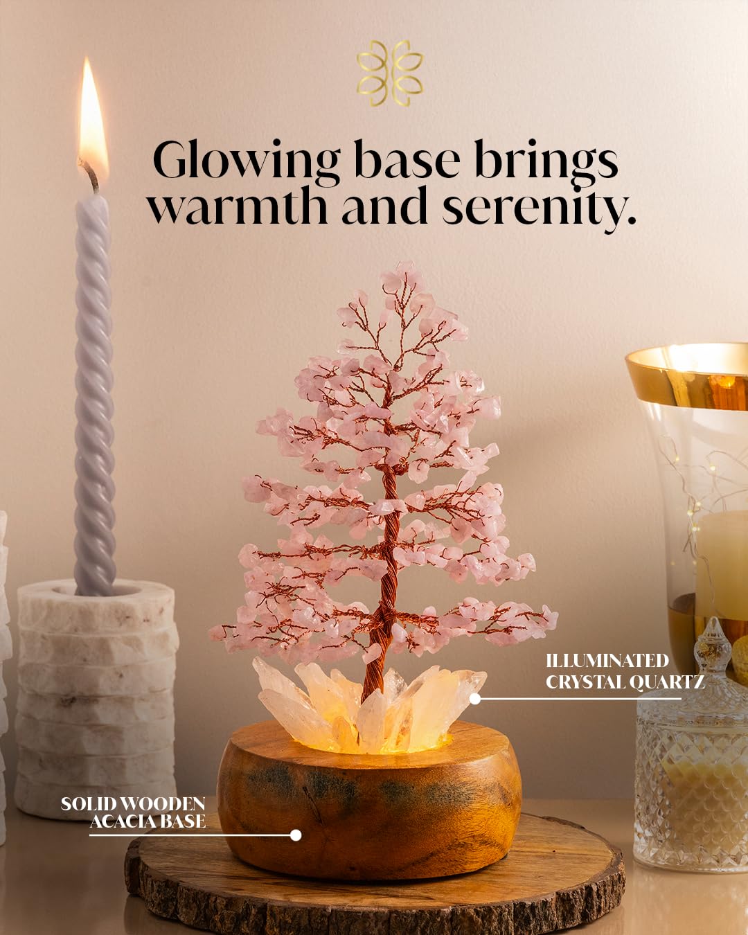 Rose Crystal Tree of Life with LED Light, Handcrafted Gemstone Bonsai on Quartz Base & Acacia Wood Stand – Spiritual Home & Office Décor, Feng Shui,Gift for Women
