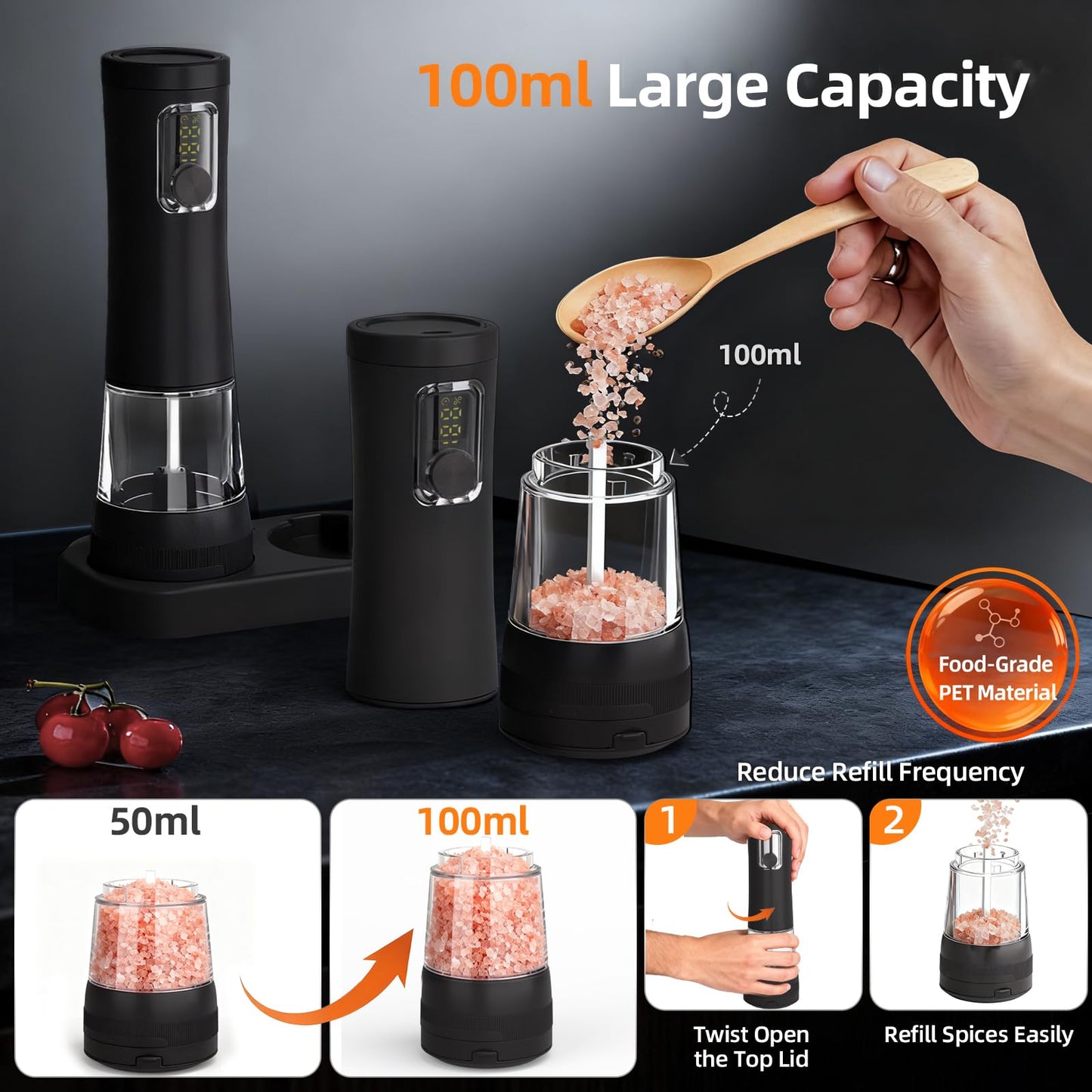 Electric Salt and Pepper Grinder, Rechargeable Automatic Pepper Mill with Base,5-Level Adjustable Coarseness, Display, LED Lighting, Large Capacity-Ideal for Kitchen, BBQ Gifts (1, Black-A)