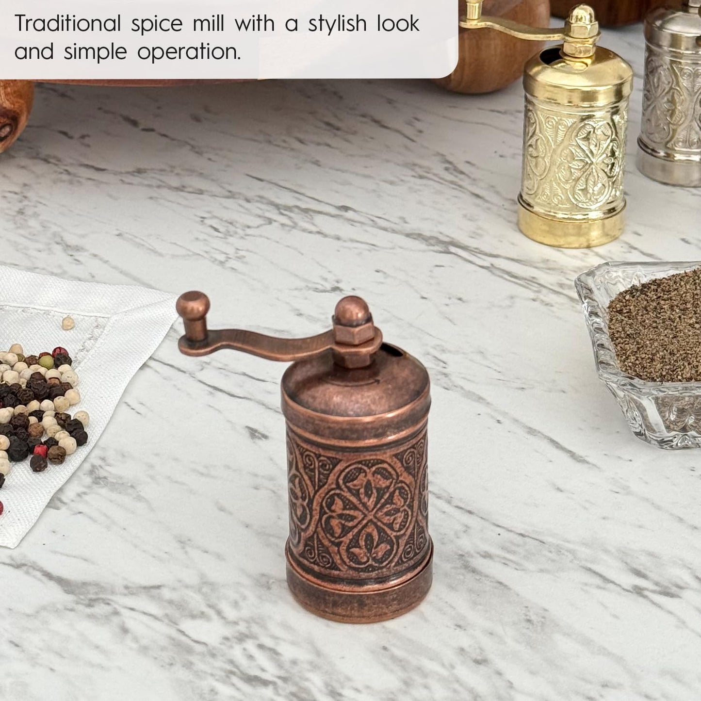 Glios Decorative Handmade Black Pepper Grinder, Refillable Turkish Spice Mill with Adjustable Coarseness, Manual Pepper Mill with Handle, Spice Grinder with Hand Crank 8 cm-3.1 inch (Bronze)