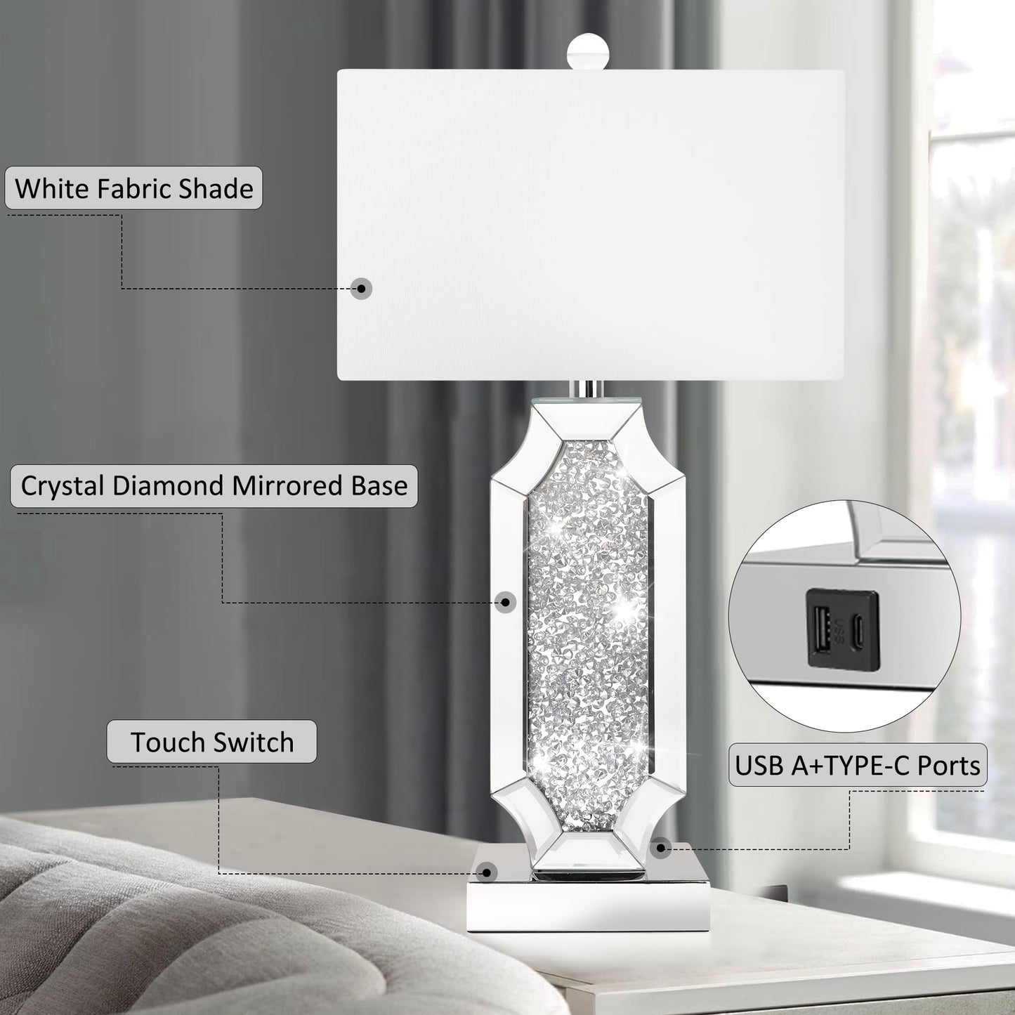 Hamucd 3-Way Dimmable Touch Diamond Crushed Mirrored Bedside Table Lamps Set of 2 for Living Room with USB A+C Ports,Tall Silver Modern Bling Nightstands Lamps for Bedroom with 2 Bulbs (Silver)