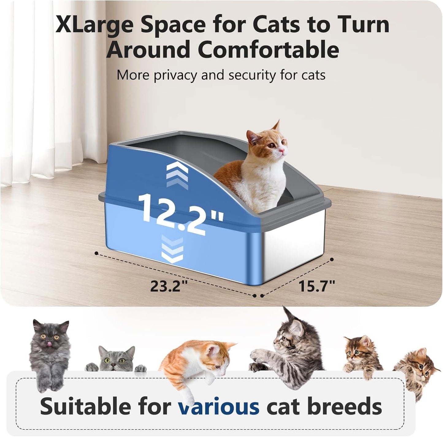 Stainless Steel Litter Box, Extra Large Litter Boxes for Big Cats, XL Metal Cat Litter Box with Lid, Anti-Urine Leakage, Non-Sticky, Include Cat Mat and Litter Scoop
