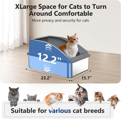 Stainless Steel Litter Box, Extra Large Litter Boxes for Big Cats, XL Metal Cat Litter Box with Lid, Anti-Urine Leakage, Non-Sticky, Include Cat Mat and Litter Scoop