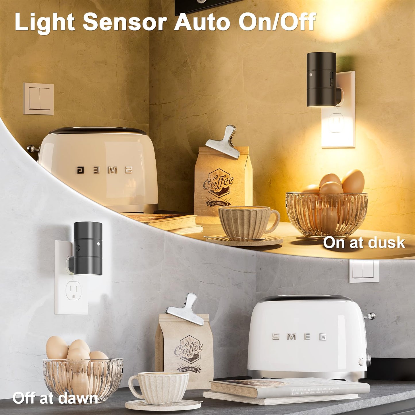NIORSUN Night Lights Plug into Wall, Dimmable with 3 Color Modes & Auto On/Off Sensor, Ultra-Slim Nightlight for Hallway, Bathroom, Bedroom, Nursery, Kitchen (4 Pack, Black)
