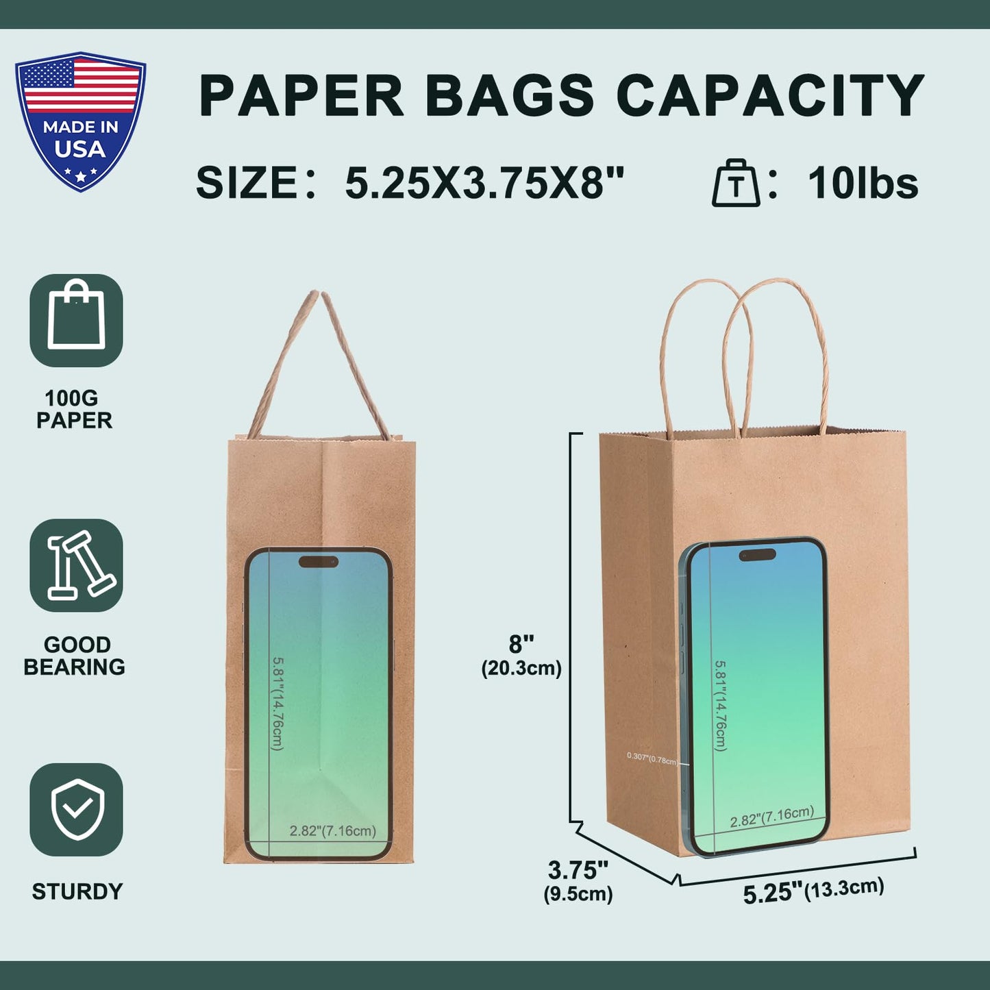 METRONIC Paper Gift Bags 5.25x3.75x8 50Pcs, Christmas Gift Wrap Bags with Handles, Brown Kraft Paper Bag for Small Business, Bulk Party Favors Bag for Birthday, Shopping, Retail, Made in USA