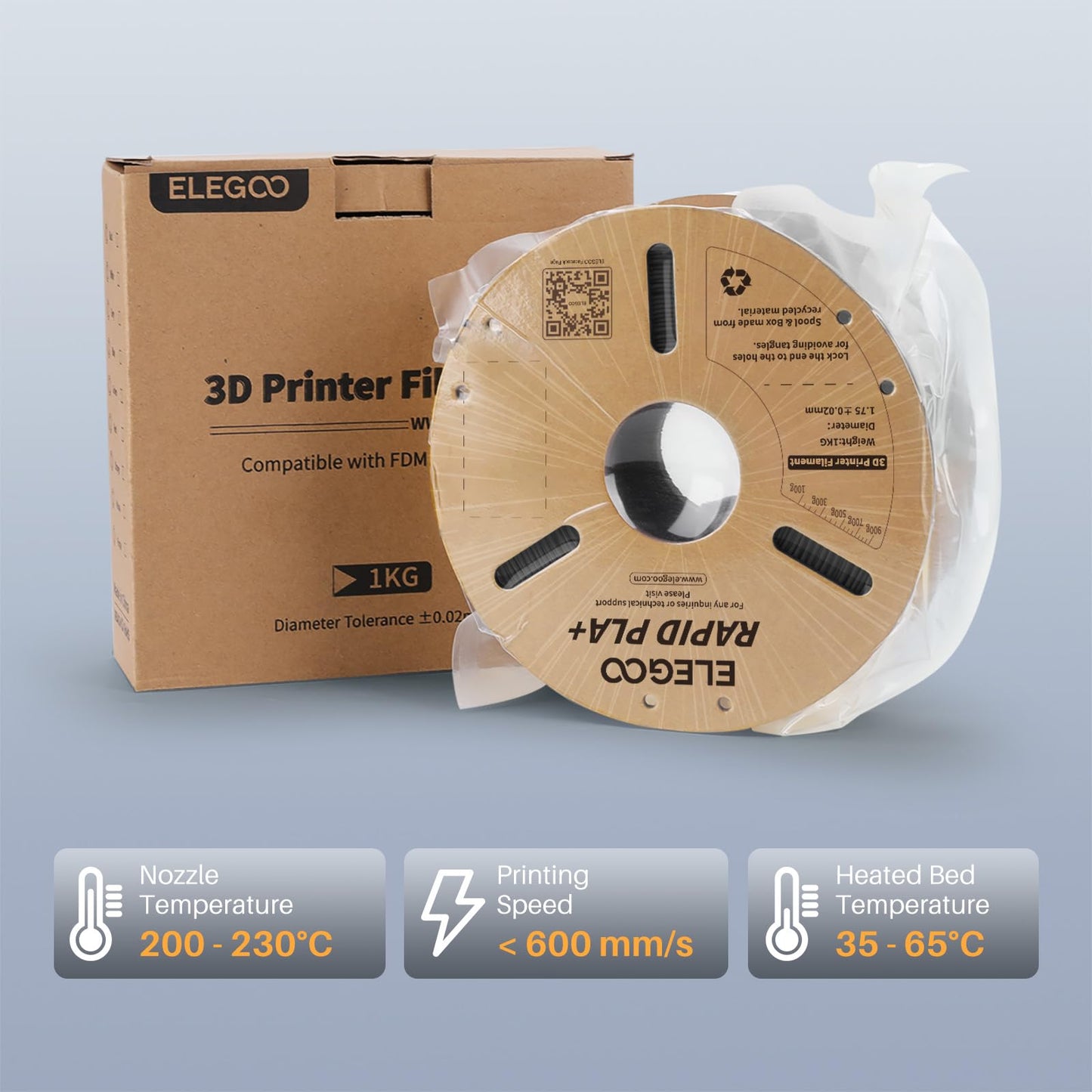 ELEGOO Rapid PLA Plus Filament 1.75mm Black 1KG, PLA+ 3D Printer Filament Up to 600 mm/s High Speed Printing, Dimensional Accuracy +/- 0.02 mm, 1kg Cardboard Spool(2.2lbs)