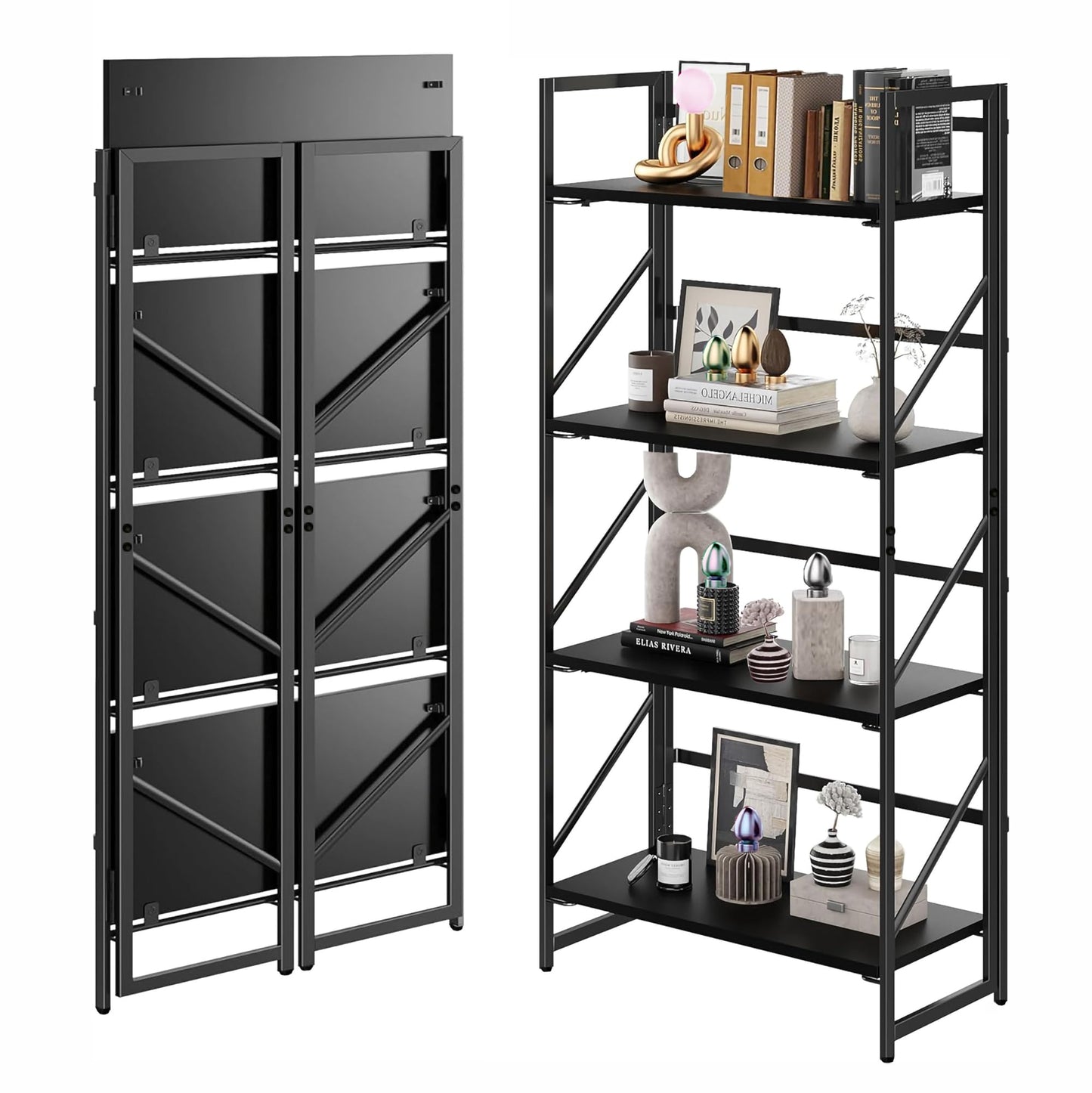 Kogven Folding Bookshelf, 2-in-1 Convertible Design, Multifunctional Plant Stand Storage Rack Shelves for Home Office, Easy Assembly, 4-Tier,Black