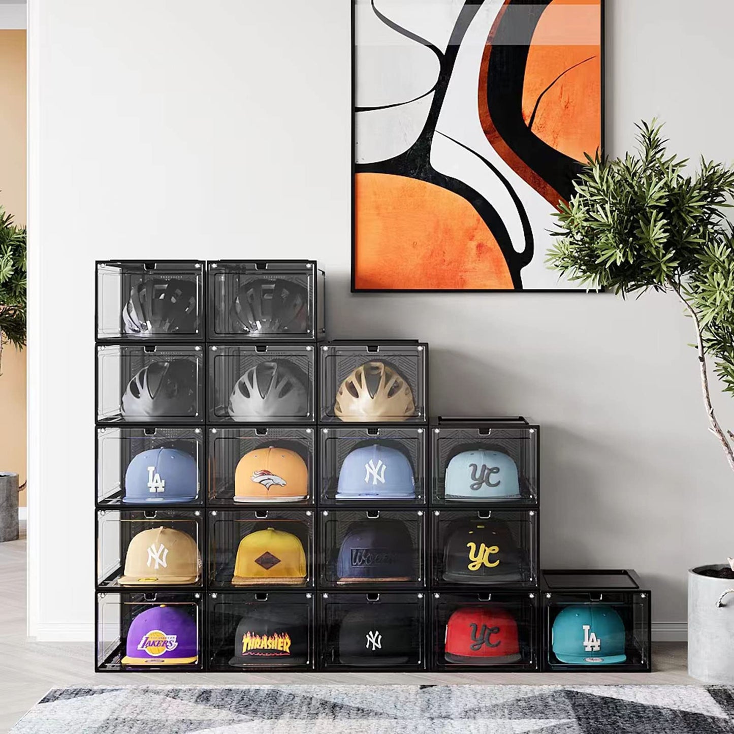 starogegc Hat Organizer Box for Baseball Caps, 3Pack Clear Plastic Hat Storage with Magnetic Door, Baseball Cap Organizer, Hat Holder, Hat Case, Hat Box(X-Large)-Black&Clear