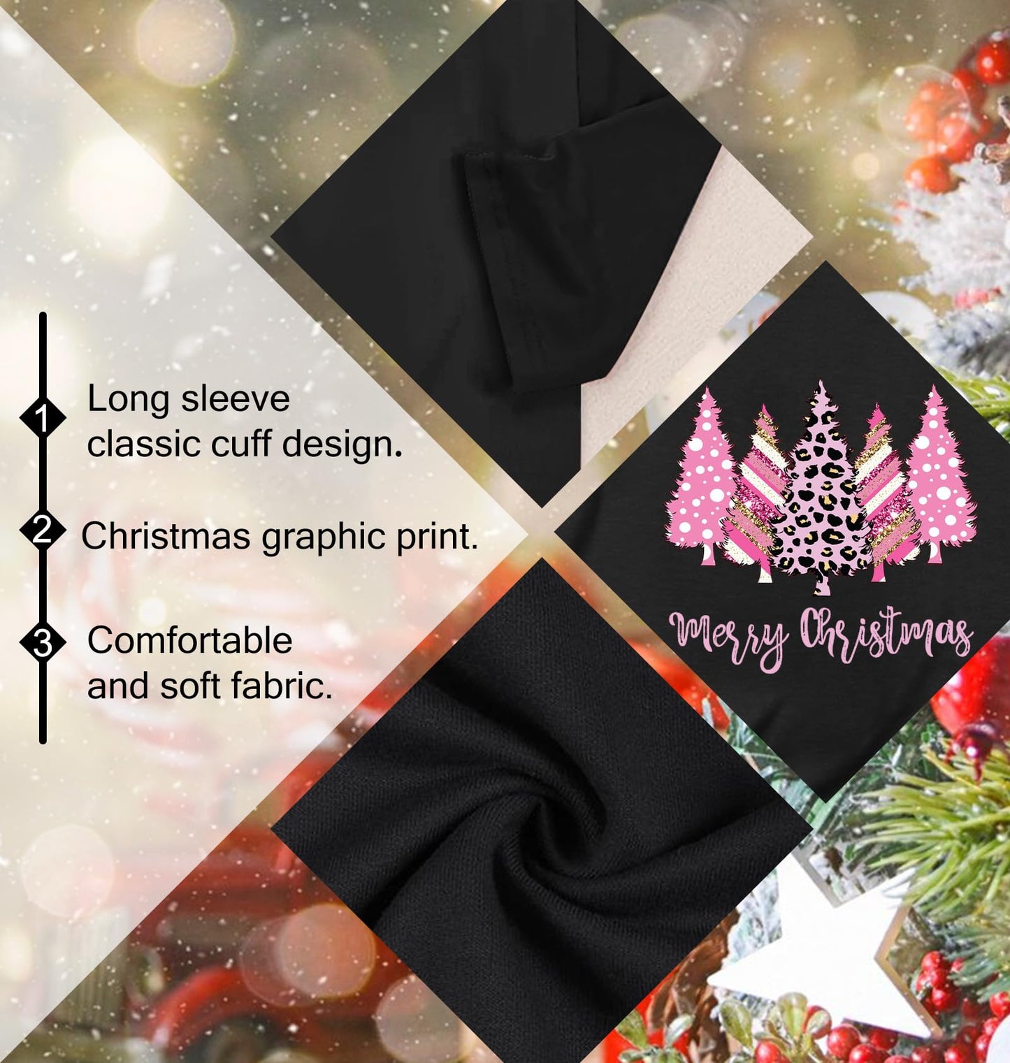 HQP Christmas Shirts for Women: Long Sleeve Christmas Shirts Xmas Tree Graphic Vacation Tees Tops