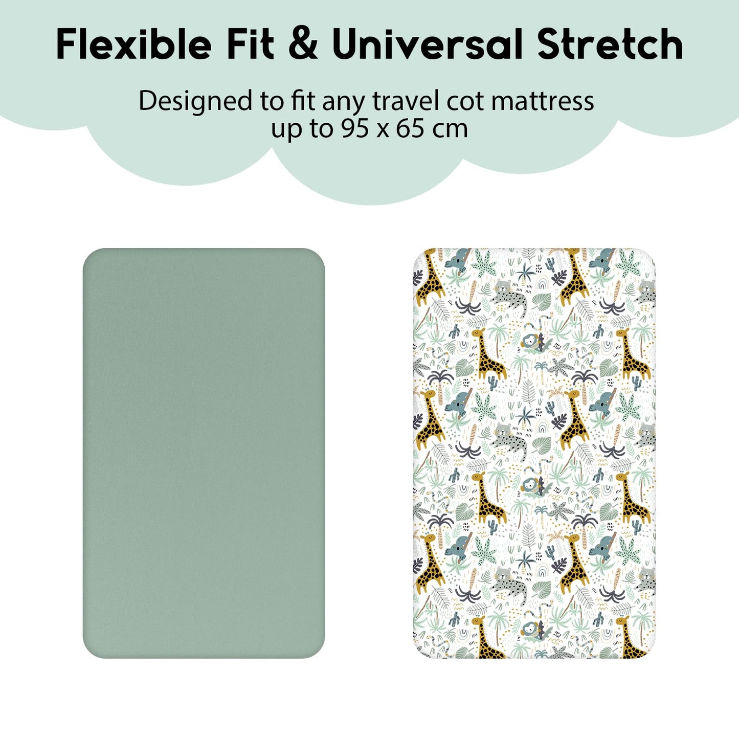 Yoofoss Cozy & Breathable Travel Cot Mattress Sheets - 95 x 65cm Fitted Sheet 2 Pack Green Giraffes