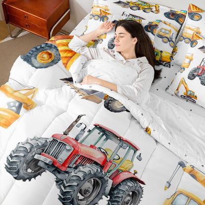 Erosebridal Kids Excavator Bedding Set Twin 7 Piece Retro Truck Comforter Sets Tractor Construction Vehicle Bed in A Bag with Sheets Crane Digger Mixer Bed Set for Kids Boys Teens Child Room
