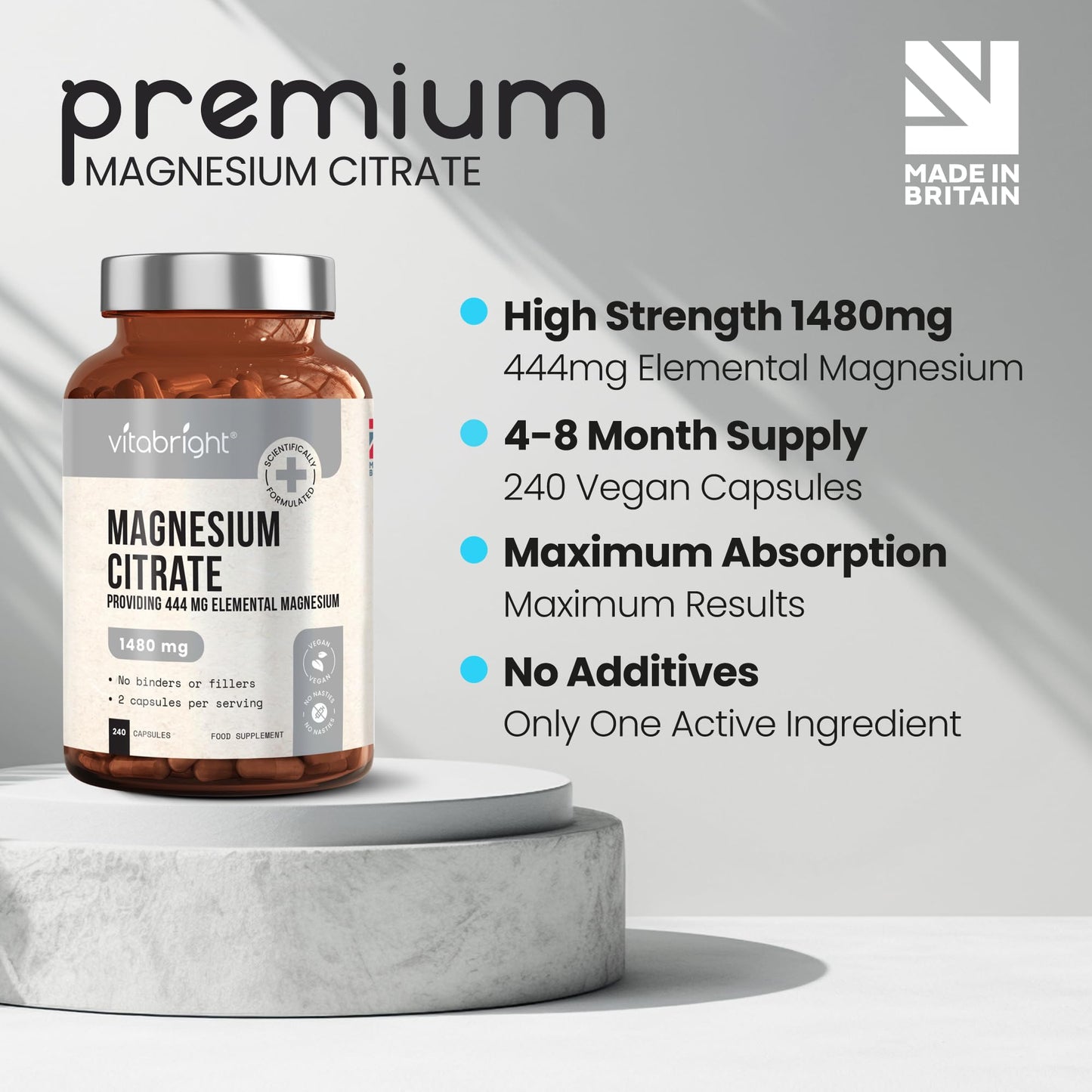 VitaBright Magnesium Citrate Capsules 1480mg | 444mg Elemental Mg | 4 Months | High Strength Magnesium Supplements for Women & Men | Mag Citrate Powder in Capsules (Not Tablets)