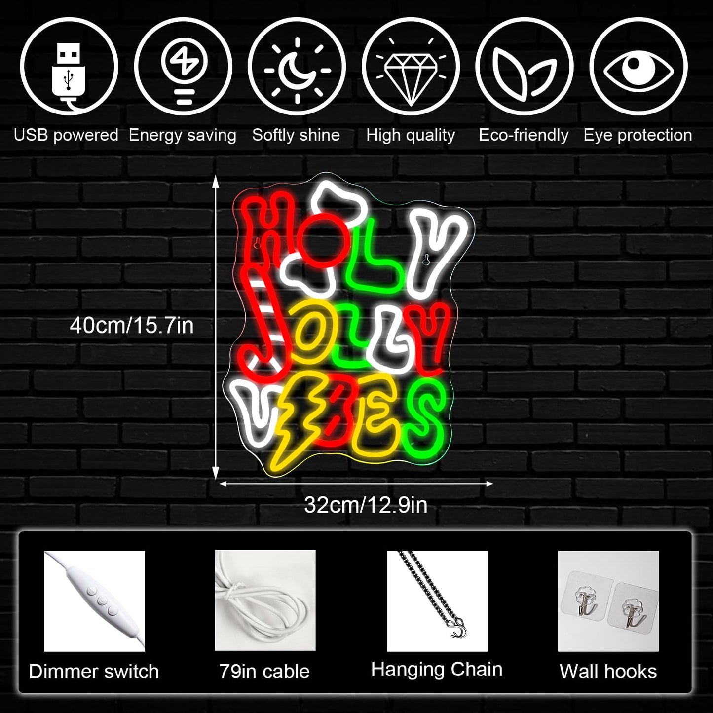 Horseneon Holy Jolly Vibes Neon Sign, Merry Christmas Neon Sign for Wall Decor, USB Powered LED Sign for Christmas Party, Home, Bedroom, Living Room, Bar