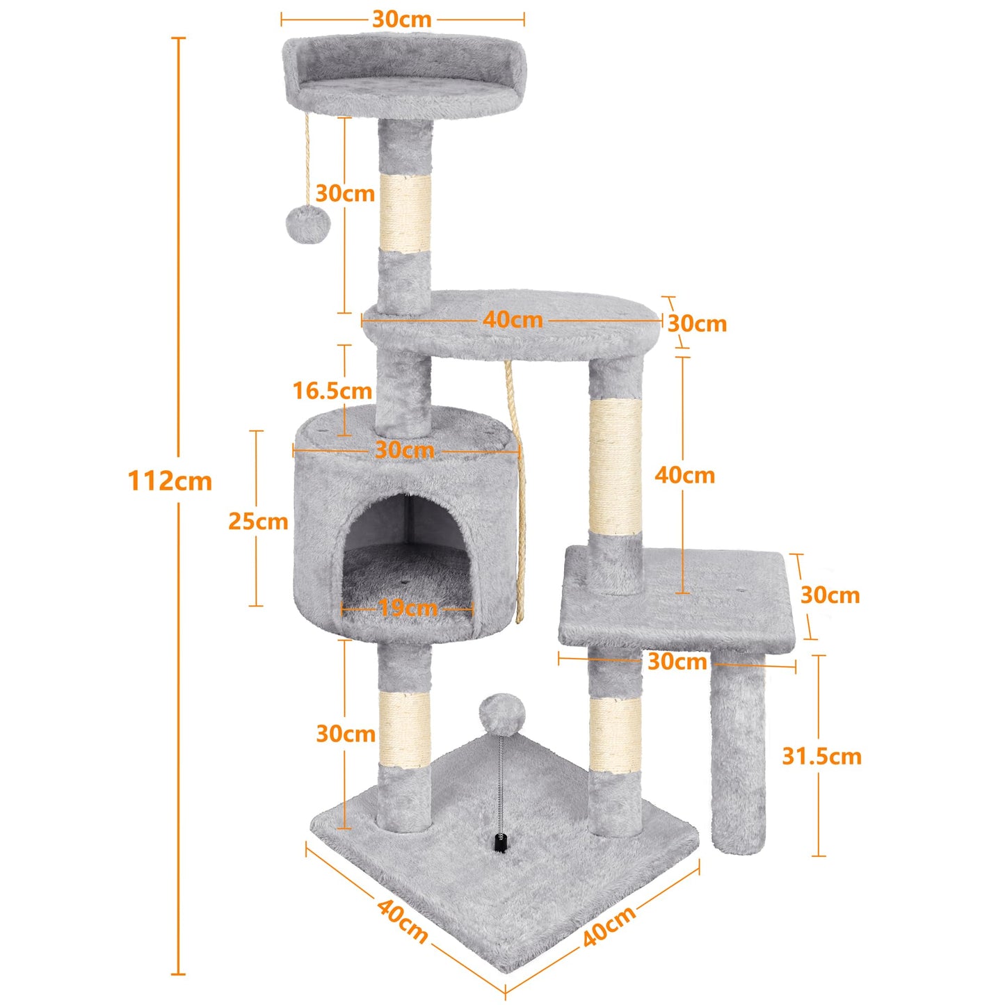 Cat Tree, 112cm Cat Scratching Post for Indoor Cats, Multi-Level Stable Cats Tower with Sisal Scratching Posts, Plush Toy Balls, Cave, Sisal Rope for Kitten Climbing, Playing, Relaxing, Grey