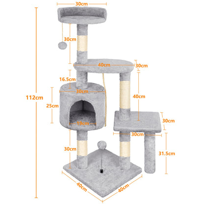 Cat Tree, 112cm Cat Scratching Post for Indoor Cats, Multi-Level Stable Cats Tower with Sisal Scratching Posts, Plush Toy Balls, Cave, Sisal Rope for Kitten Climbing, Playing, Relaxing, Grey
