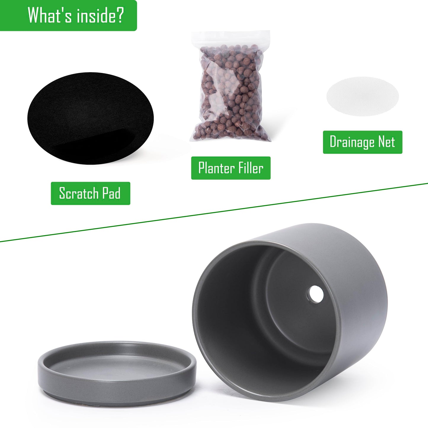 D'vine Dev 4.7 Inch & 6.5 Inch Ceramic Planter Pots for Plants with Drainage Hole and Saucer, Small Plant Pots Set, Speckled Grey, 94-G-S-3