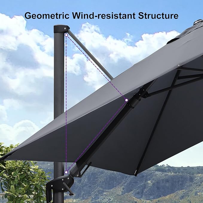 PURPLE LEAF 11.5' X 8.2' Tilting Patio Umbrella with Base Outdoor Cantilever Swivel Rectangle Umbrella Aluminum Offset Umbrella with 360-degree Rotation for Garden Deck Pool Patio Light Grey