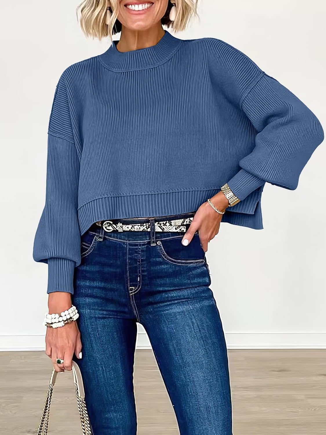 ANRABESS Womens Cropped Sweaters Oversized Crewneck Long Batwing Sleeve Side Slit Ribbed Knit Pullover Tops 2025 Fall Clothes