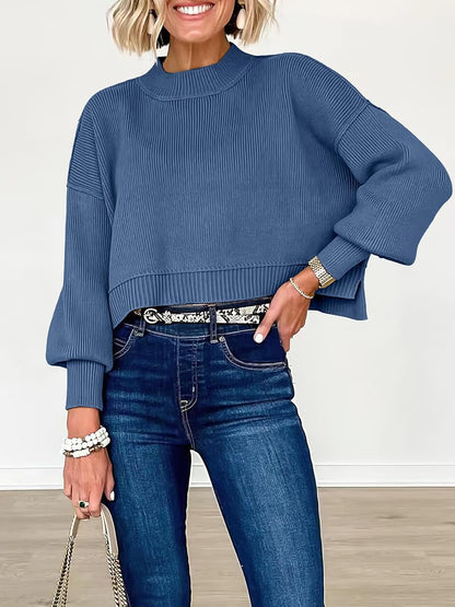 ANRABESS Womens Cropped Sweaters Oversized Crewneck Long Batwing Sleeve Side Slit Ribbed Knit Pullover Tops 2025 Fall Clothes