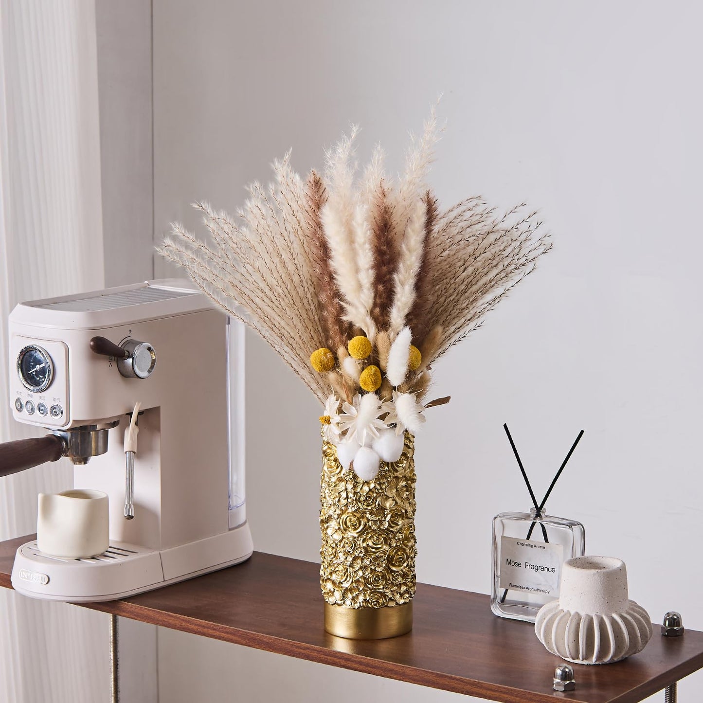 Gold Rose Hand-Carved Resin Vase – 8 Inch Decorative Cylinder Vase for Pampas Grass, Centerpiece, Home Decor | Elegant Entryway, Countertop & Nightstand Accent | Unique Housewarming Gift