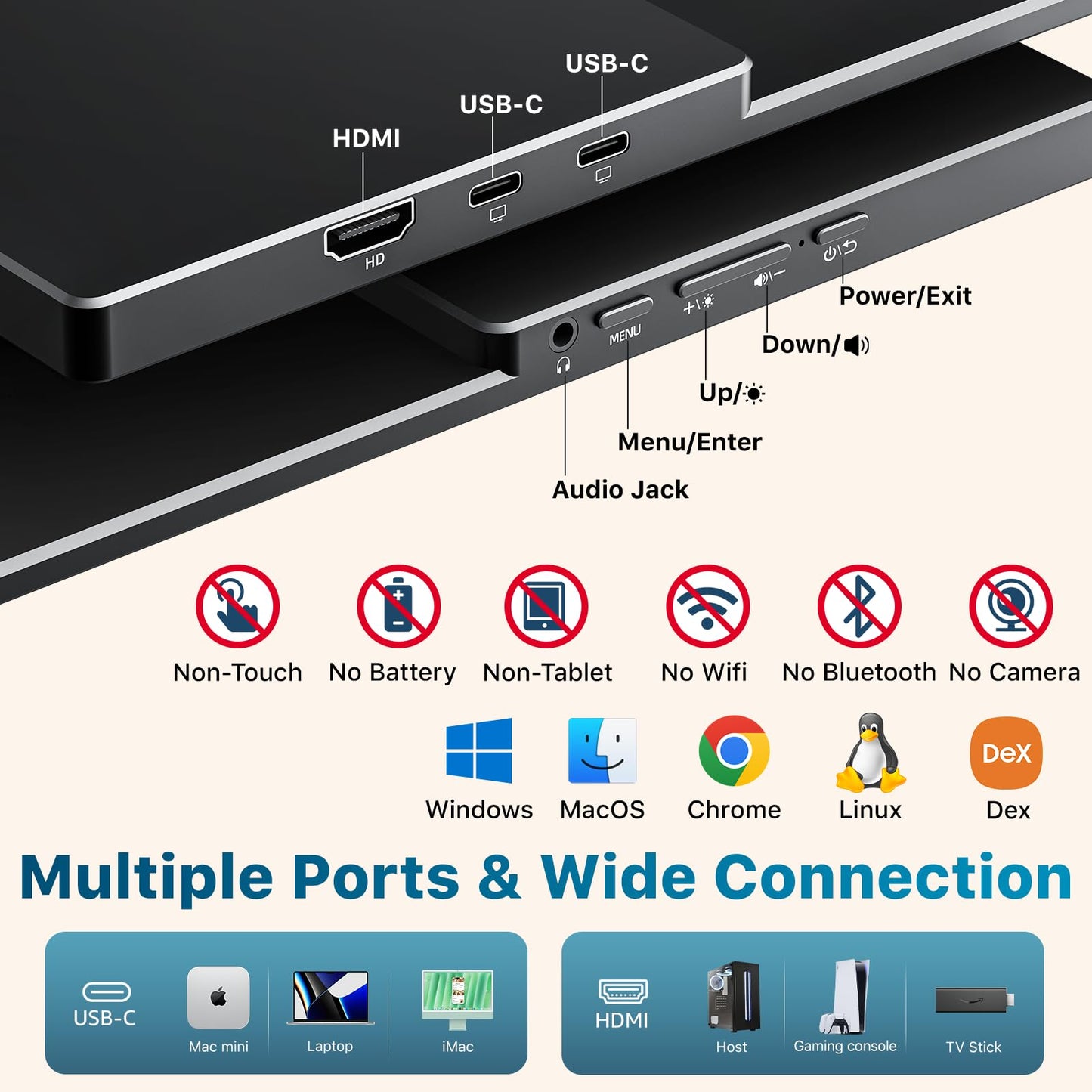 Portable Monitor 18.5 inch 1080P FHD 128% sRGB 100Hz, Travel Monitor for Laptop MacBook Surface PC Xbox PS5, HDMI Dual USB-C VESA Compatible Built-in Speaker, with Kickstand