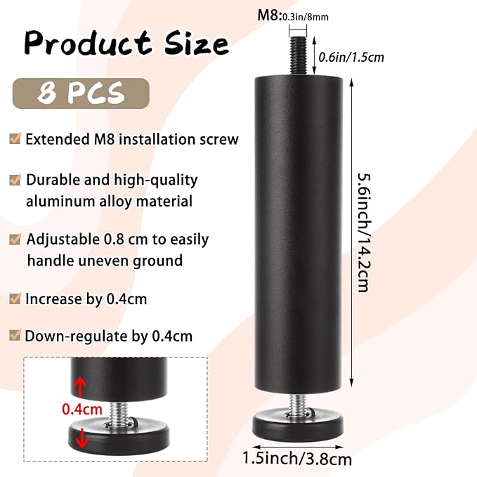 8 PCS 5.6 Inch Adjustable Furniture Legs Black Adjustable Bed Support Legs