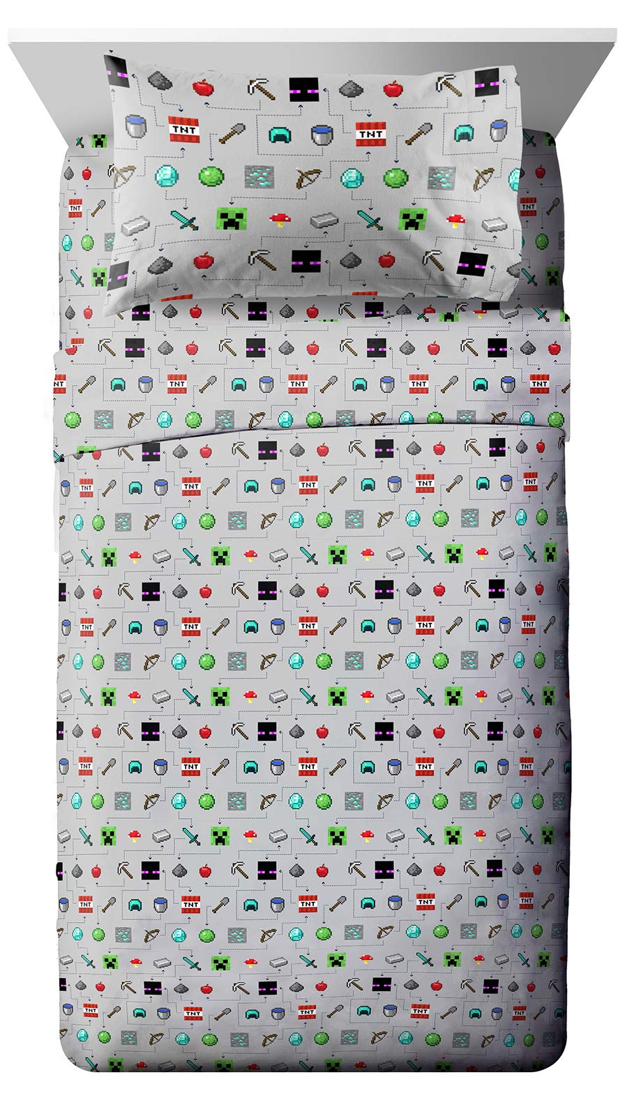 Jay Franco Kids Sheet Set with Fitted, Flat Sheets & Pillow Cover - Ultra-Soft Bedding with Pillowcase for Room Decor, Gray - Minecraft, 3 Piece Twin