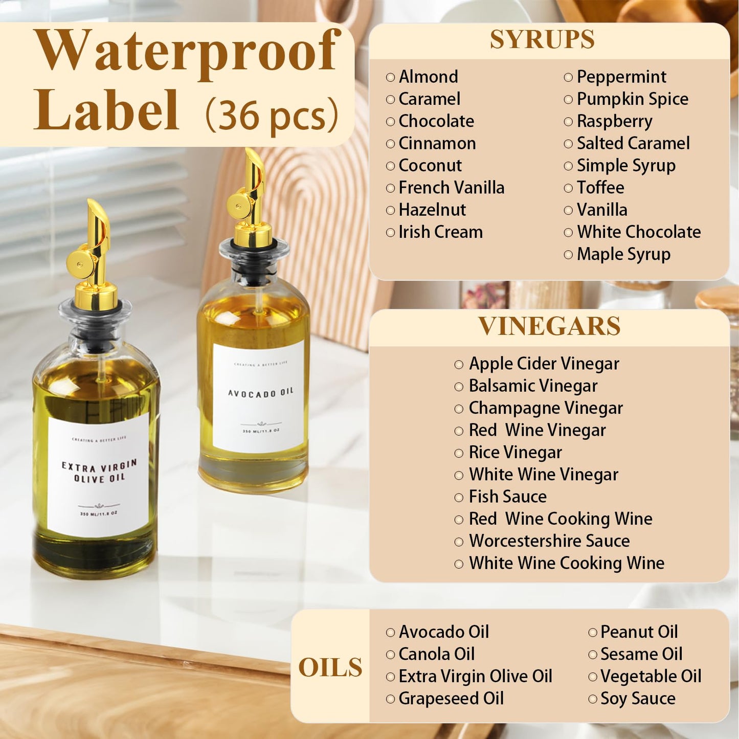 GIXSEGIE Olive Oil Dispenser Bottle with Bamboo Tray, Metal Pour Spout, Coffee Syrup & Cooking Oil Dispenser for Kitchen