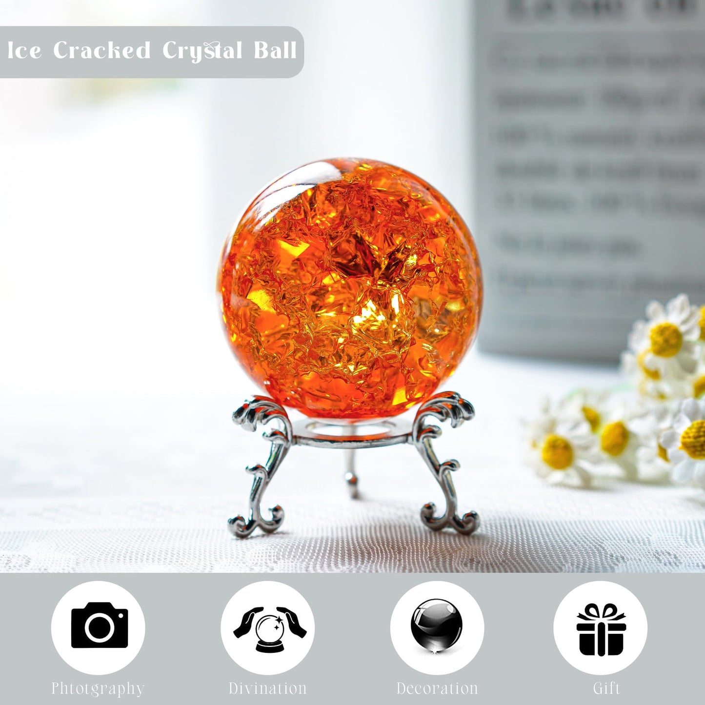 kanpura 2.3inch Amber Ice Cracked Ball Crystal Ball Fengshui Paperweight Glass Ball for Christmas Home Fish Tank Accessories Rockery Decor