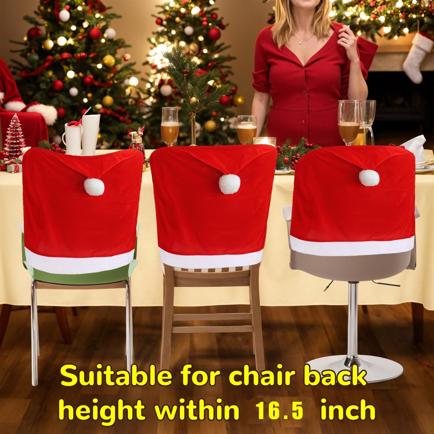 VADOO Christmas Chair Covers, 6PCS Santa Hat Chair Covers with 6 Pcs Silverware Holders Red Hat Dining Chair Slipcovers Christmas Chair Back Covers for Party Holiday Festival Decoration