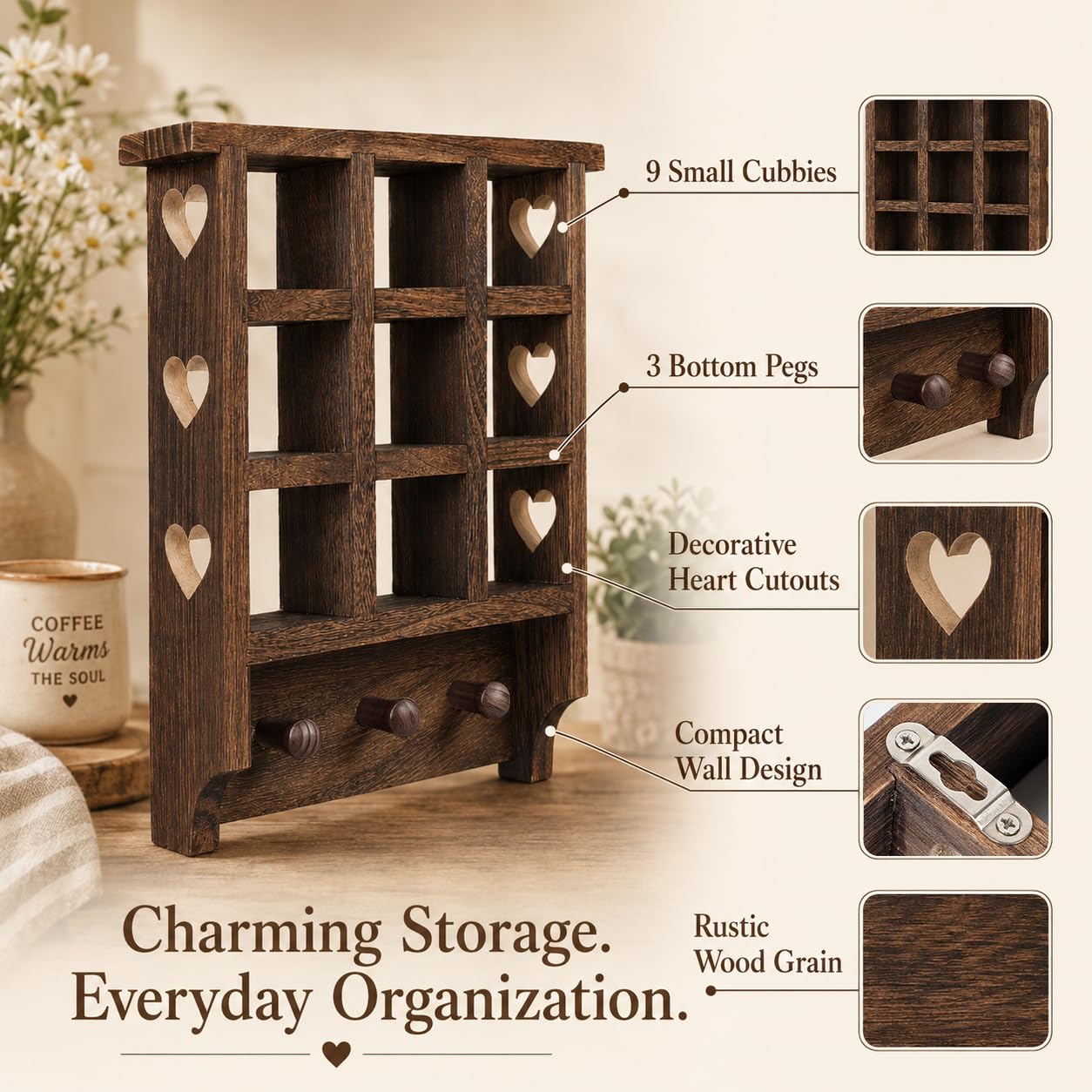 Trinket Shelf, Wooden Heart Shelf, 14 x 12 inch Floating Shelf, Wooden Trinket Shelf with Hearts and Pegs, Figurine Display Shelf, 9 Openings Heart Wall Shelf for Bedroom, Living Room, or Study Room