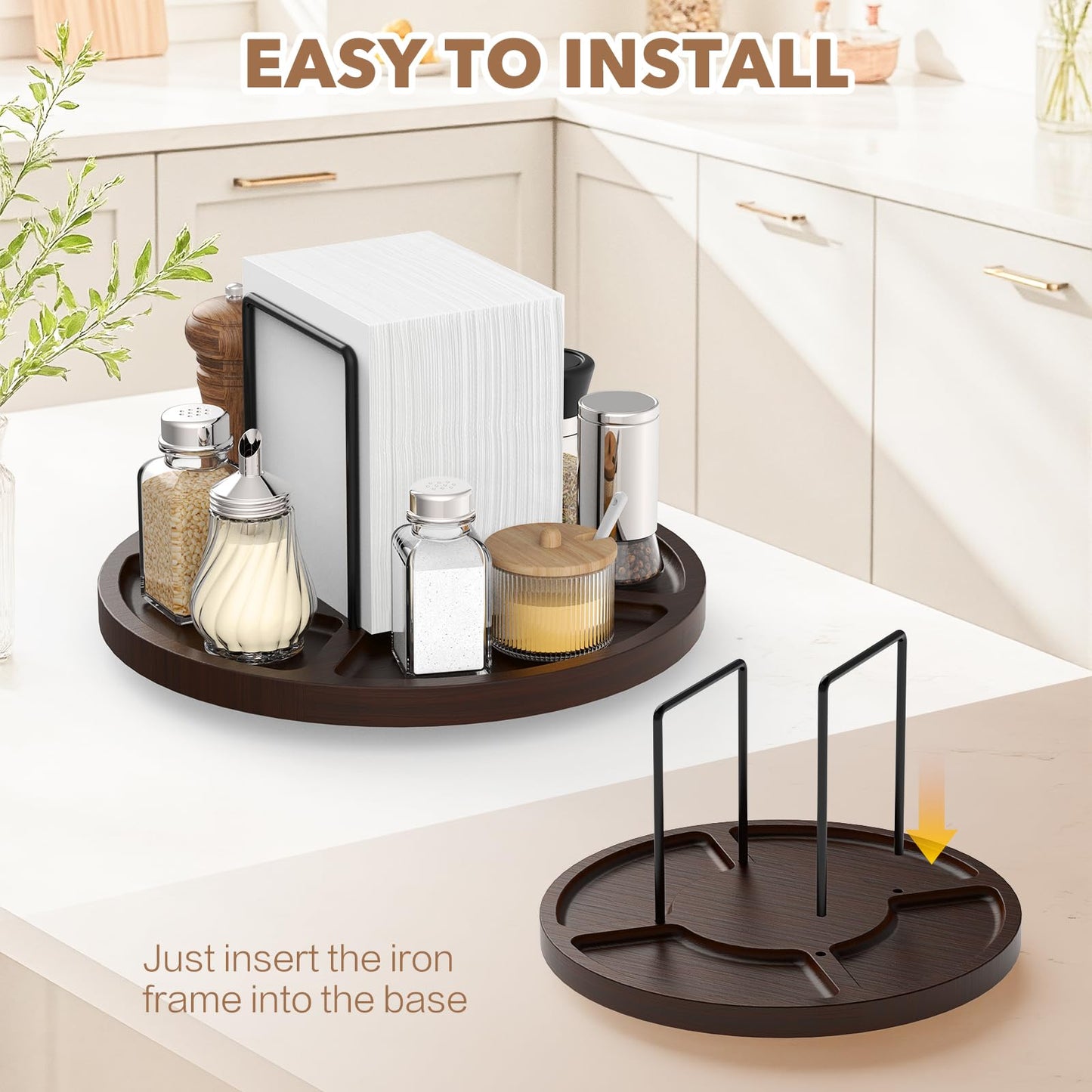 FODIENS Napkin Holder for Table, Rotating Napkin Dispenser with Salt and Pepper Shakers Storage, Standing Paper Napkin Organizer for Kitchen Dining Table Decor (1, Brown Round)
