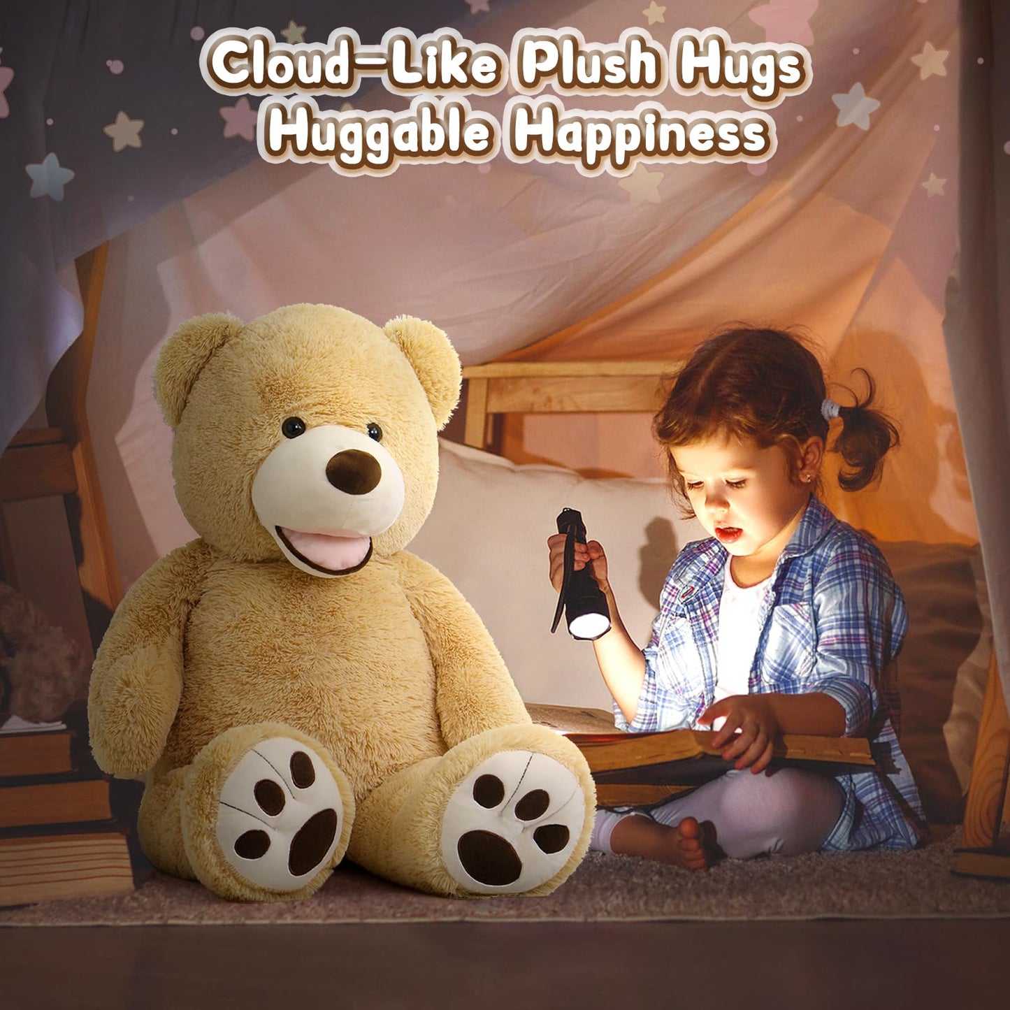 MorisMos Smiling Giant Teddy Bear, 39inch Large Stuffed Animal Bears with Big Footprints Plush, Kids Girlfriend Boyfriend Gift, Light Brown