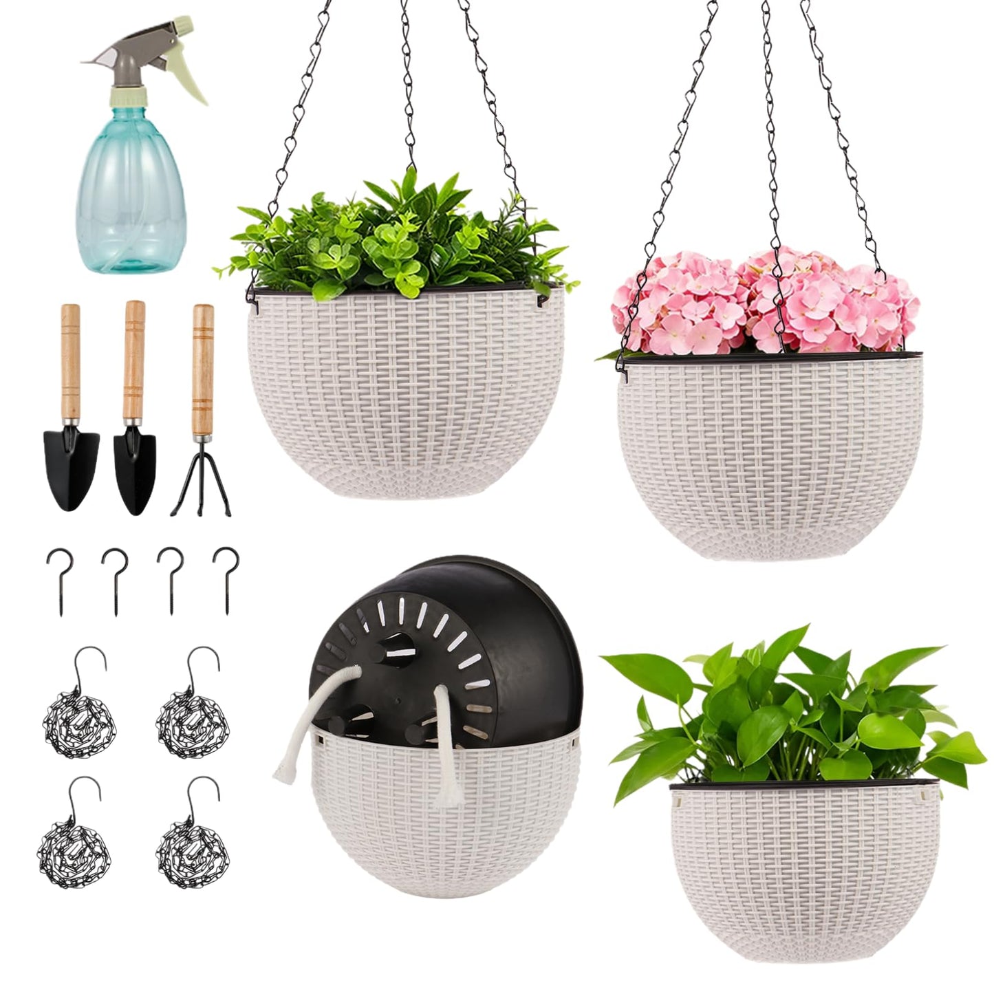 4 Sets of 8.2 Inch Self Watering Hanging Planter Flower Pots, Suitable for Indoor and Outdoor Plant Flower, Basket Flower Pots with Hanging Chains, Spray Bottles, Planting Tools, Hook (White)