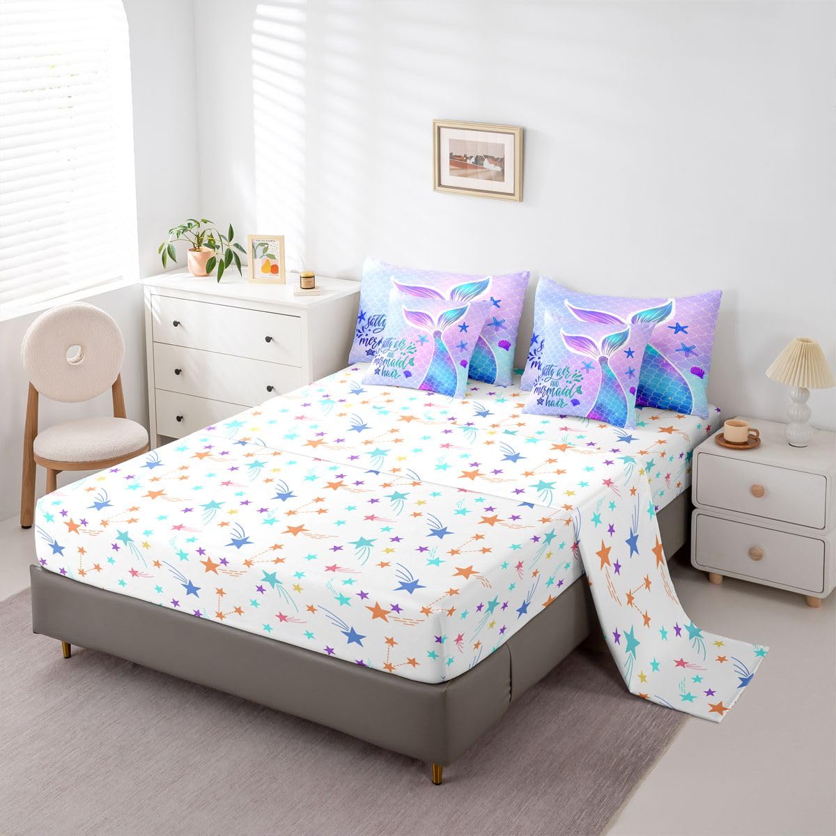 Mermaid Tail Queen Comforter Set with Sheets | Kids Fish Scales 7 Piece Bedding Set Girly Shell Starfish Ocean Life Sea Animal Bed in a Bag, Pastel Teal Purple Blue Kawaii Princess Room Decor