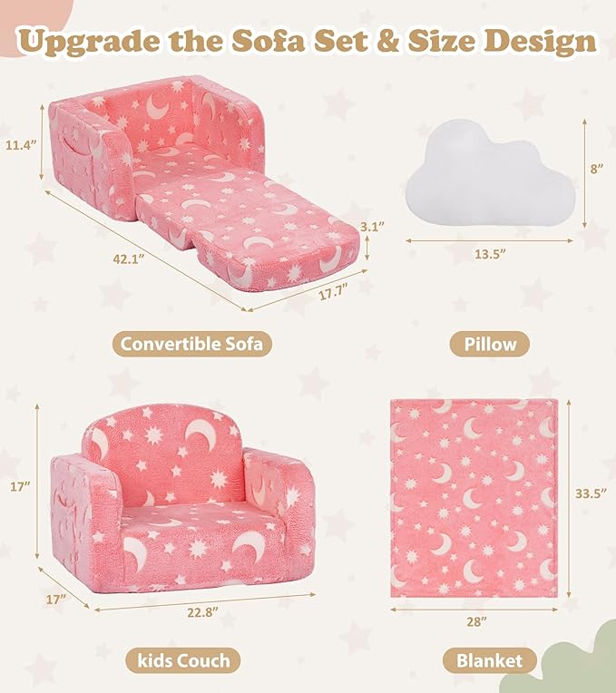 Kids Couch, 2-in-1 Soft Toddler Couch Fold Out