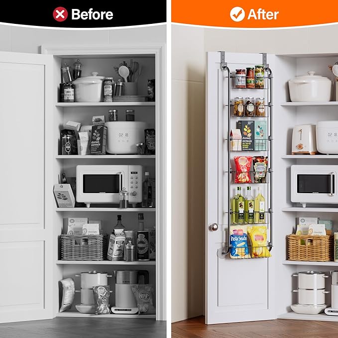 Delamu Narrow Over the Door Pantry Organizer, 6-Tier Metal Pantry Door