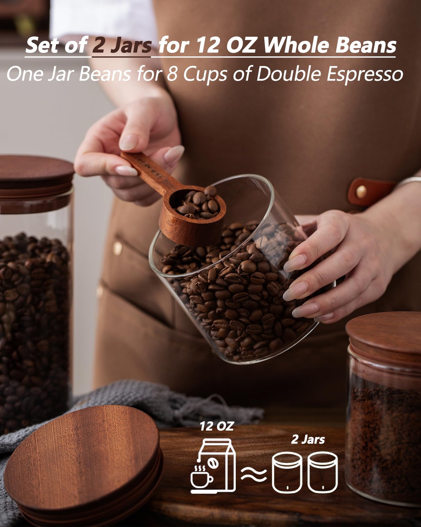 BOILMERIT 17 oz Coffee Canister with Scoop and Wooden Lids, Airtight Glass Coffee Beans Storage Container Sets of 2 for Ground Coffee,Food Storge Jars for Ground Coffee Bar Cereal Snack