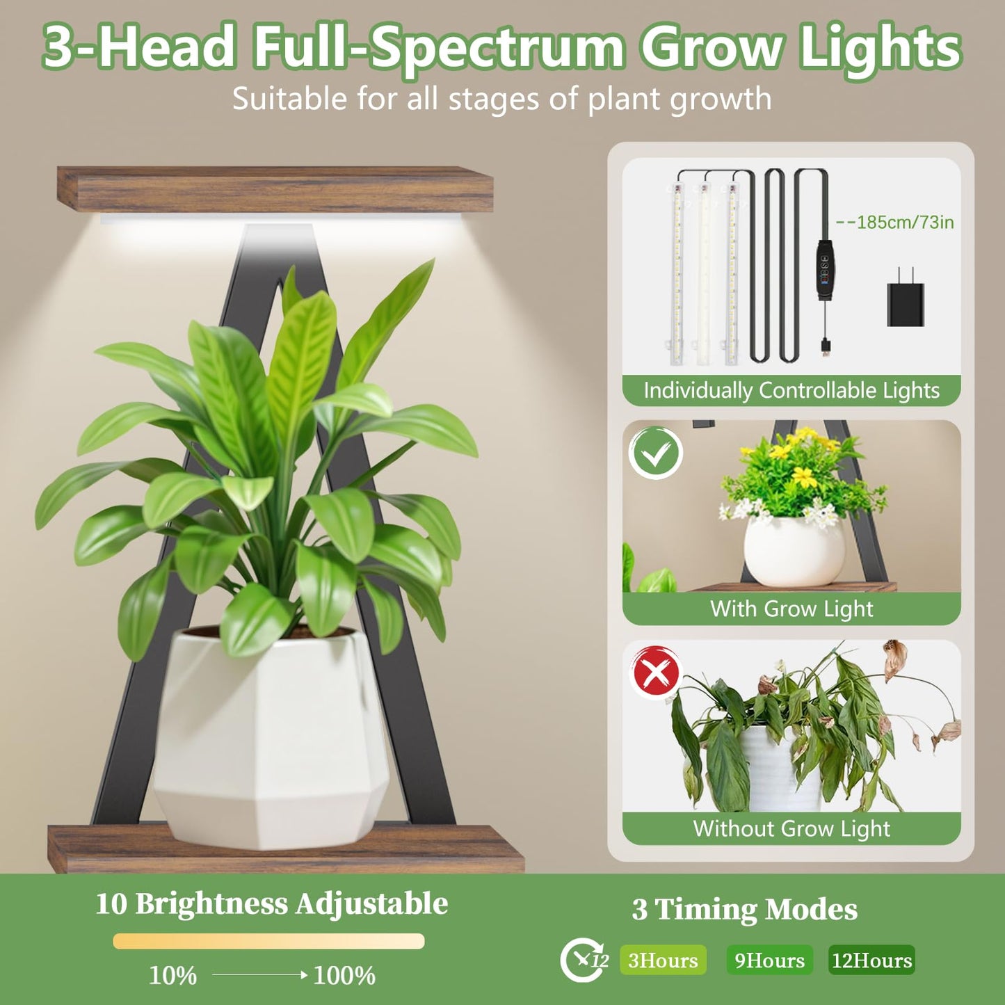 NUNUDA Plant Stand Indoor with Grow Lights - Enlarged 6 Tiered Plant Shelf with Grow Light, 32" USA-Shaped Plant Stand Holds 12 POTS Indoor Plants, Metal Plant Shelf for Home, Living Room, Patio