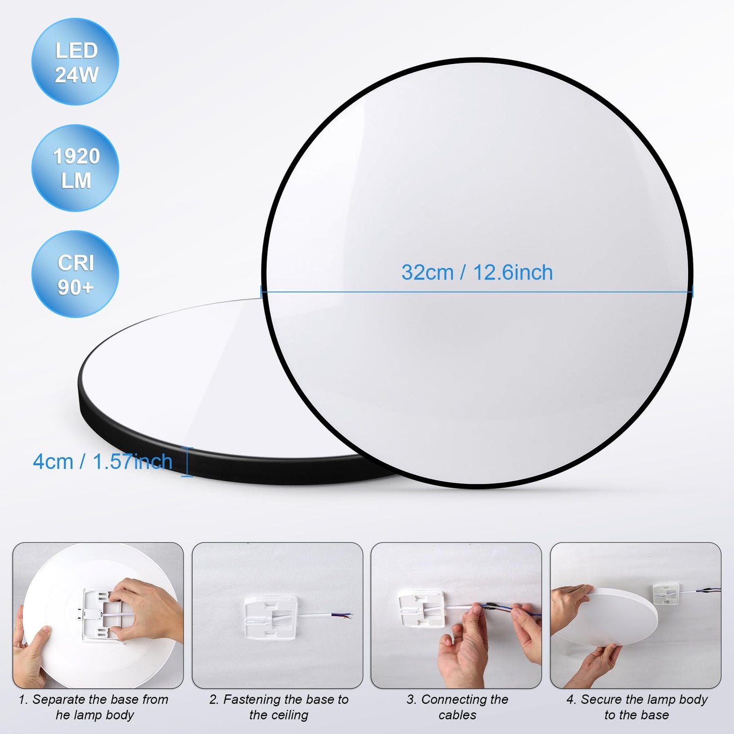 CANMEIJIA LED Ceiling Light IP44, 12 Inch 24W Smart Ceiling Lights RGB Dimmable with Remote Control Bathroom Lights 3000-6500K 2520LM for Living Room Bedroom Kitchen Hallway Round,Black