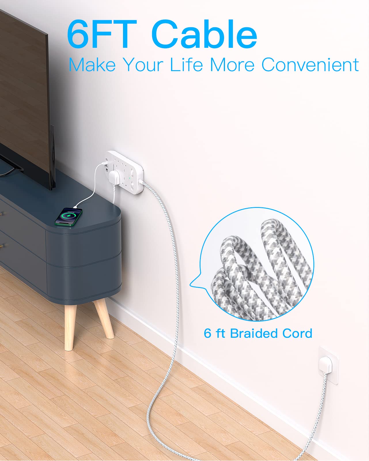 4 Way Surge Protected Extension Lead with USB Slots – Multi Plug Power Strip Extension Cable with Double Switches, Plug Extension Socket 1.8M Braided Extension Cord for Home Office Accessories