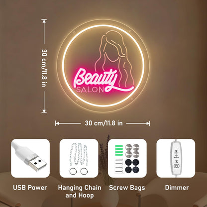 Beauty Salon Neon Sign Beauty LED Neon Light Dimmable USB Powered Adjustable Brightness Light up Sign for Spa Salon Nails Browing Waxing Room Decoration Festival Birthday Chritmas Gifts 35cm*35cm