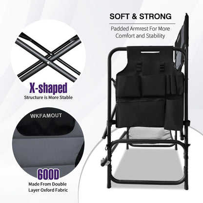 WKFAMOUT Tall Folding Directors Chair with Side Table 30.71" Seat Height Foldable Camping Chair Bar Stool for Makeup Artist Face Painting with Footrest and Storage Pocket Supports 350LBS