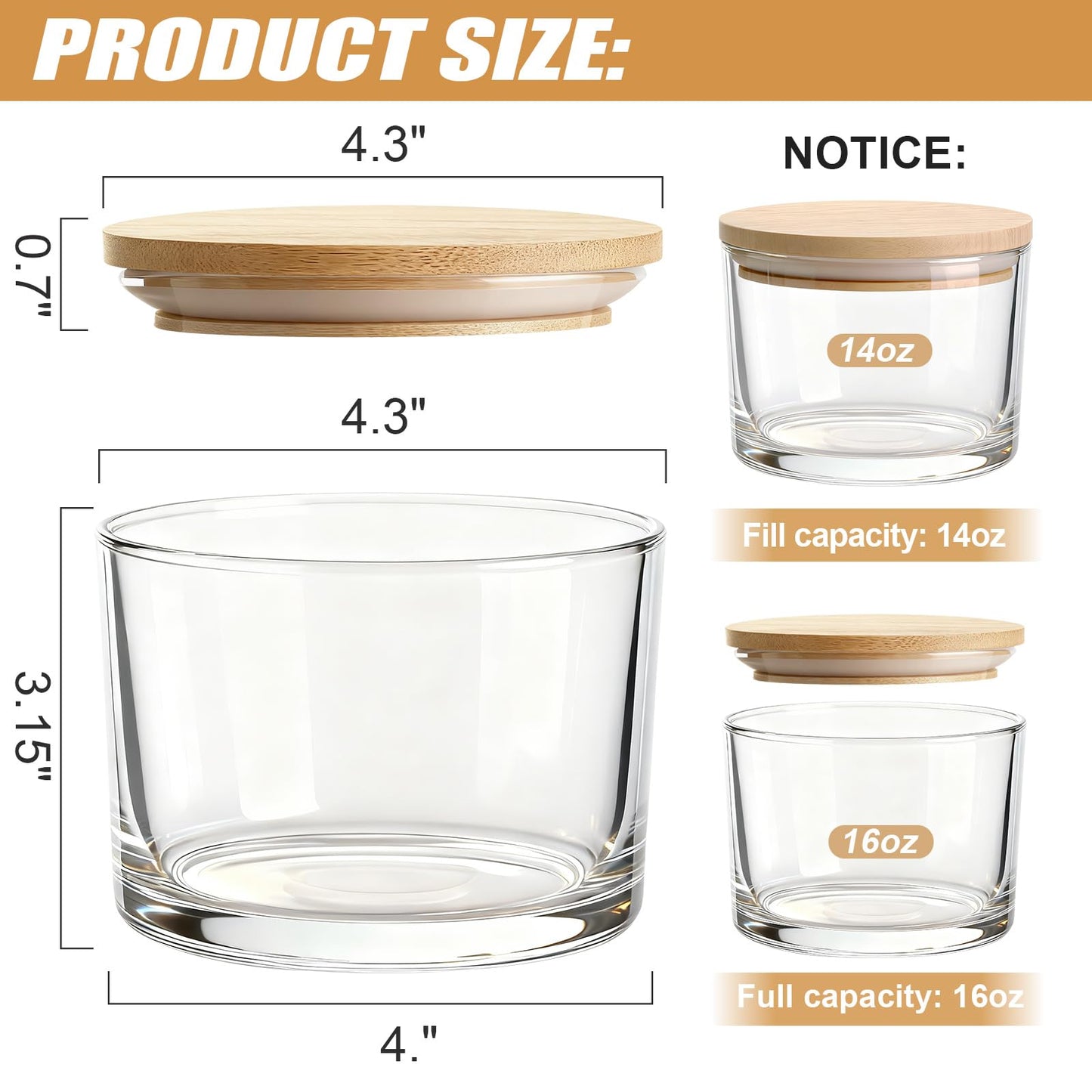 YJHSS 16oz Glass Candle Jars, 6-Pack 3 Wick Candles Jars for Making Candles, Empty Thick Glass Wide-Mouth Jars with Bamboo Lids & Wick Kits, Candle Containers Bulk - Clear