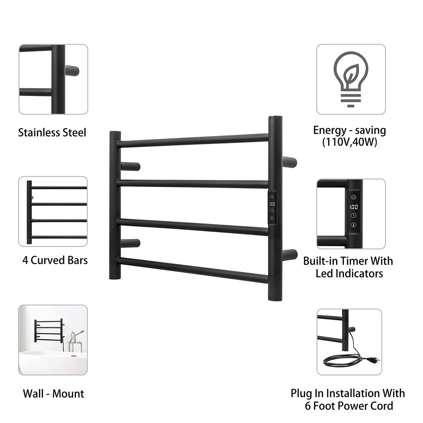 KEG Towel Warmer 8 Bars for Bathroom Freestanding or Wall Mounted Bath Towel Heater Plug-in with Built-in Timer Silver