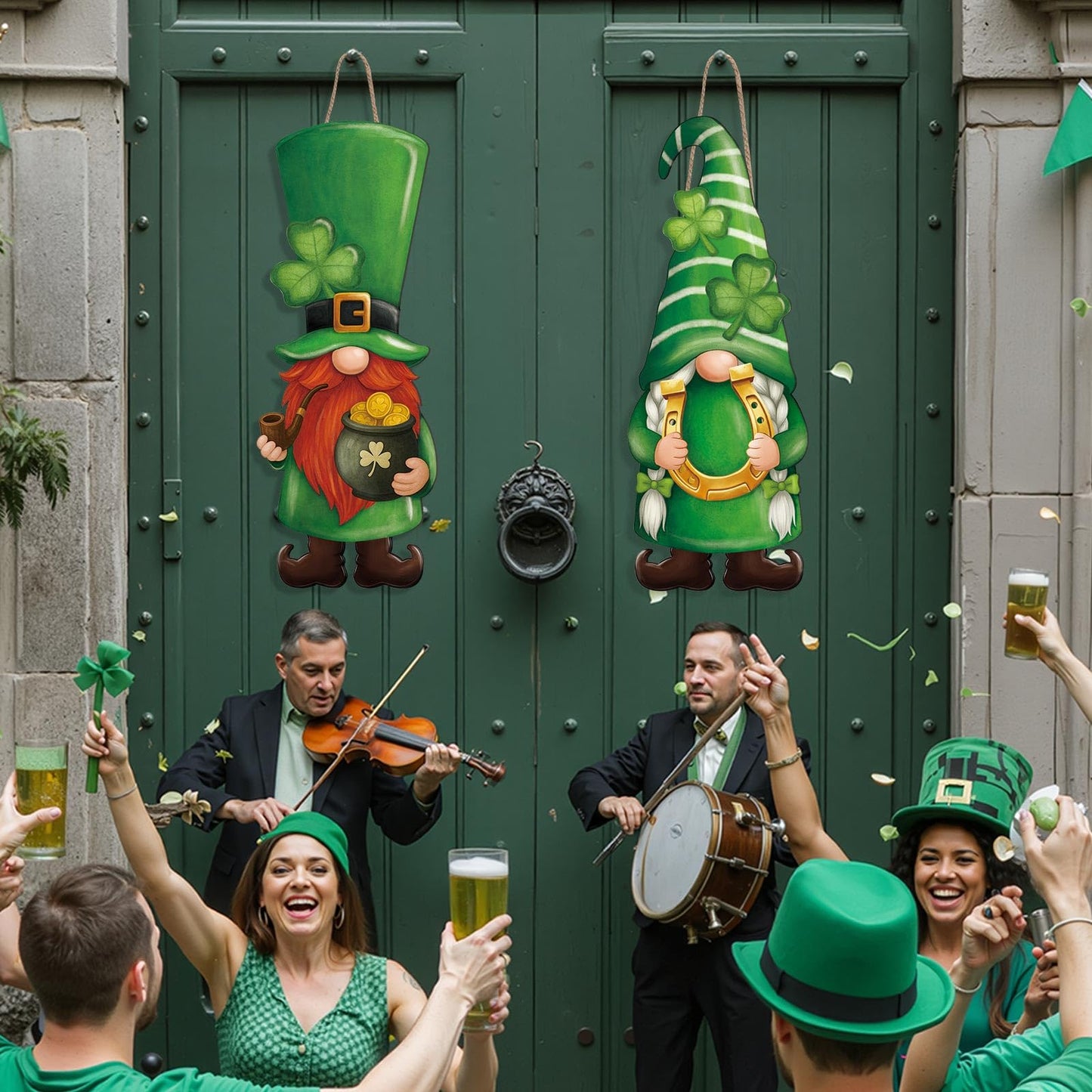 Thyle 2 Pcs Wooden St. Patrick's Day Gnomes Sign 32.3 x 12.2 Inch Irish Hanging Gnomes Front Door Decor Shamrock Lucky Green Hanger for Outdoor Indoor Front Porch Home Wall Supplies