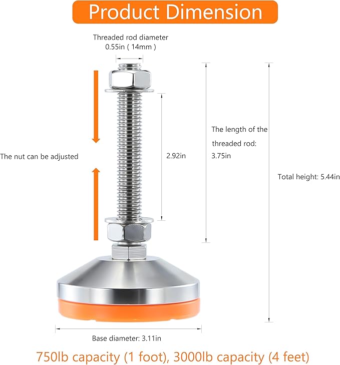 Heavy Duty 3000 lb Capacity Stainless Steel Adjustable Leveling Feet