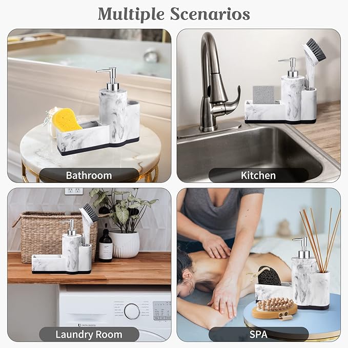 zccz Soap Dispenser with Sponge Holder and Brush Holder, Marble Pattern Kitchen